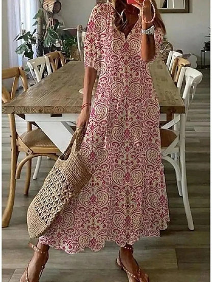 Robe Longue à Imprimé Géométrique et Manches Lanternes pour Femmes