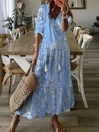Robe Longue à Imprimé Géométrique et Manches Lanternes pour Femmes