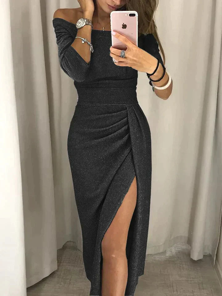 Robe Midi Brillante Épaules Dénudées pour Femme | Idéale pour les Sorties