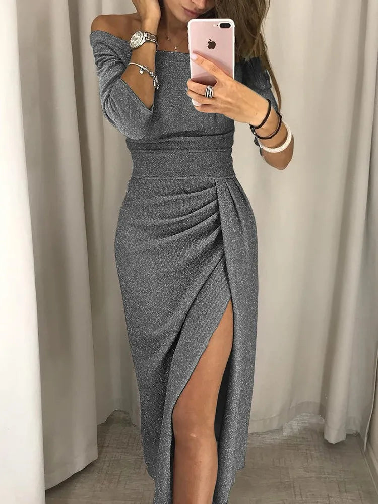 Robe Midi Brillante Épaules Dénudées pour Femme | Idéale pour les Sorties