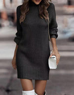 Robe Pull Courte Moulante à Manches Longues et Col Montant pour Femme