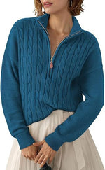 Pull Torsadé en Grosse Maille à Col Montant et Demi Zip pour Femme