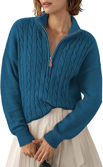 Pull Torsadé en Grosse Maille à Col Montant et Demi Zip pour Femme