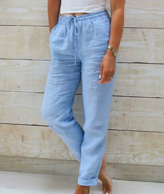 Pantalon Large en Coton et Lin Taille Élastique pour Femmes