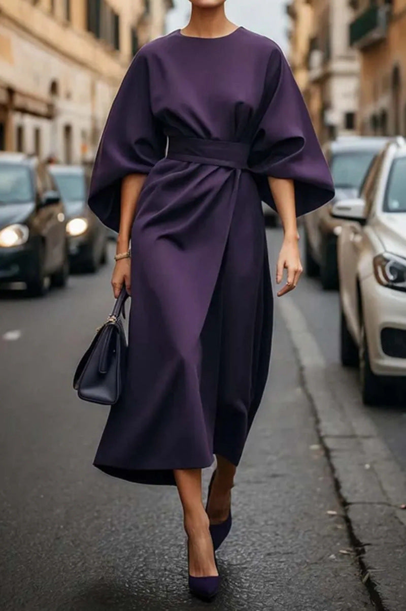Robe Midi Élégante à Manches Ballon pour Femmes