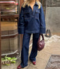 Pantalon Large et Long en Denim à Coutures Apparentes pour Femme