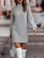 Robe Pull Courte Moulante à Manches Longues et Col Montant pour Femme