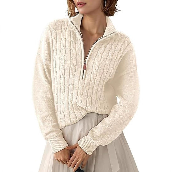 Pull Torsadé en Grosse Maille à Col Montant et Demi Zip pour Femme