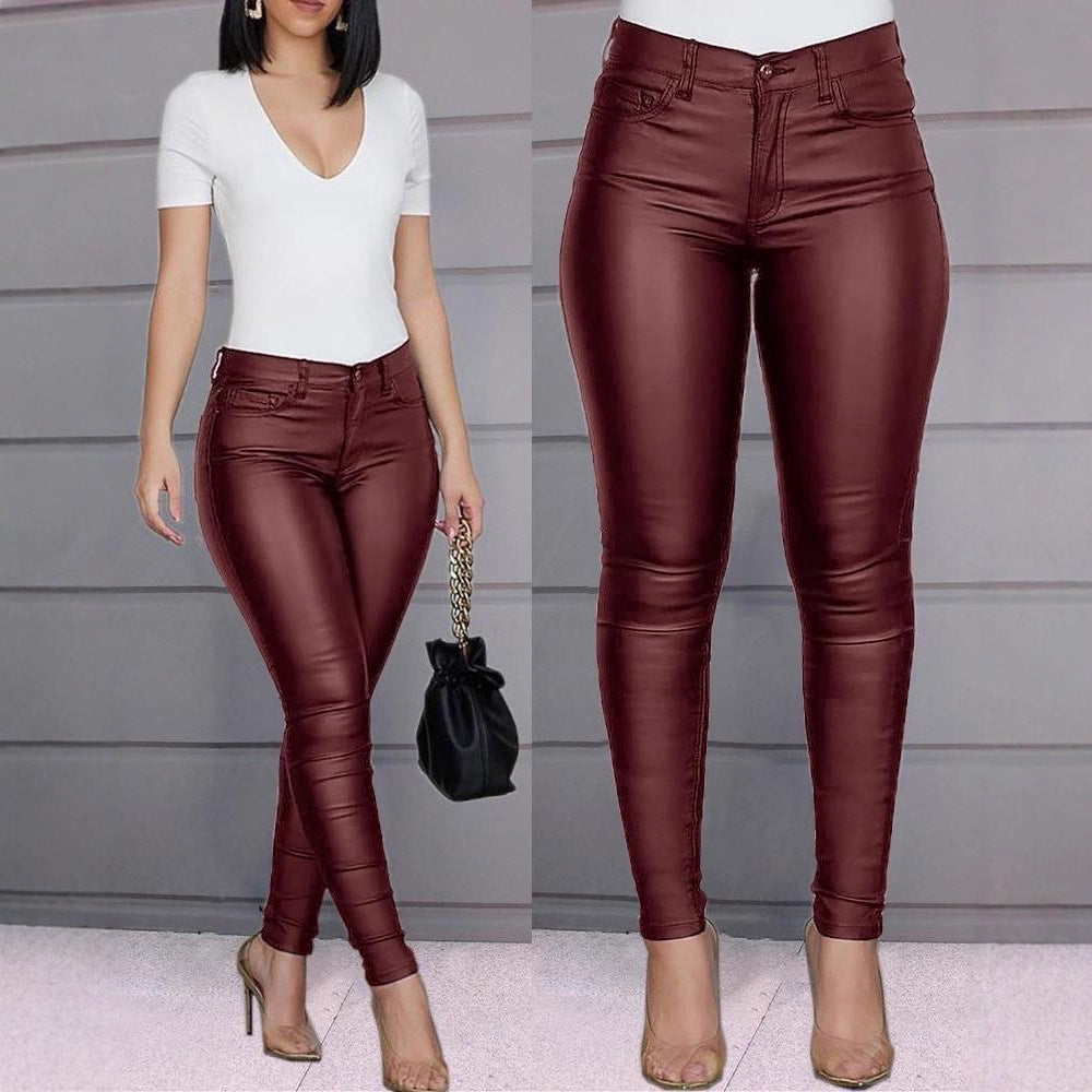 Pantalon Taille Haute en Simili Cuir Coupe Slim pour Femme
