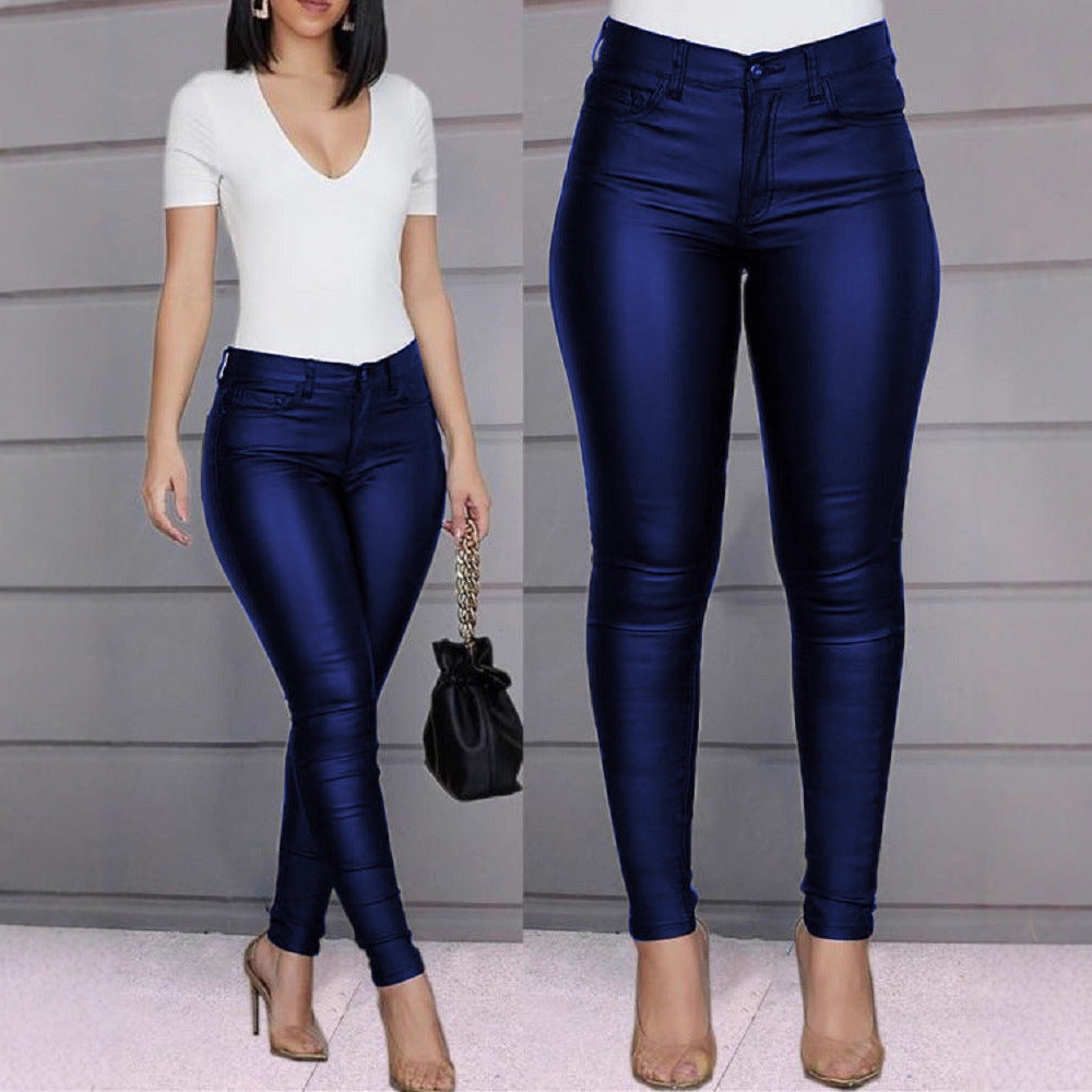 Pantalon Taille Haute en Simili Cuir Coupe Slim pour Femme