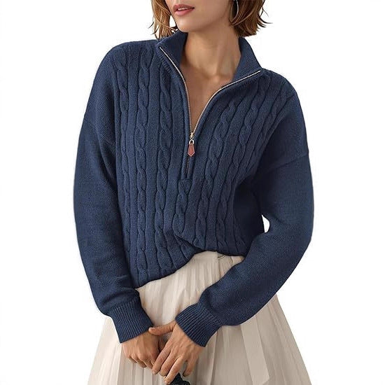 Pull Torsadé en Grosse Maille à Col Montant et Demi Zip pour Femme