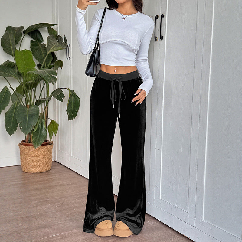 Pantalon Large en Velours à Taille Élastique pour Femme