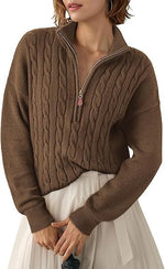 Pull Torsadé en Grosse Maille à Col Montant et Demi Zip pour Femme