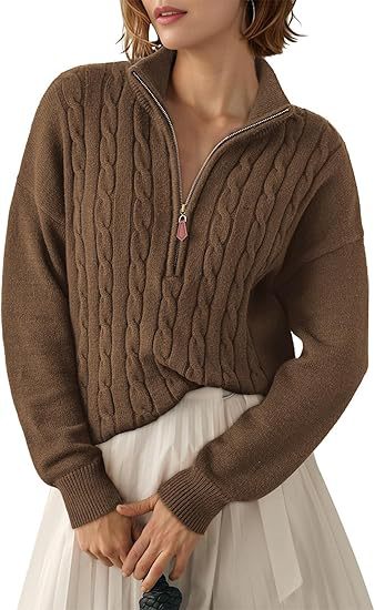 Pull Torsadé en Grosse Maille à Col Montant et Demi Zip pour Femme