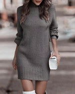 Robe Pull Courte Moulante à Manches Longues et Col Montant pour Femme