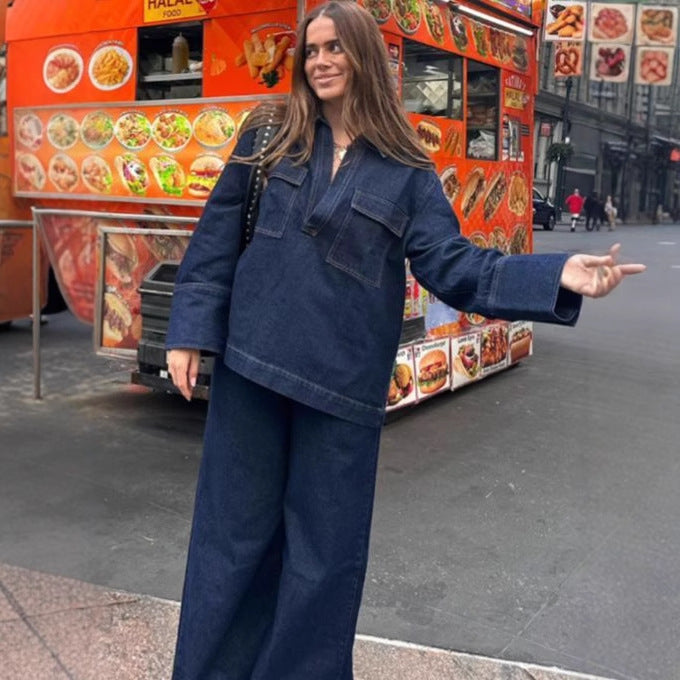Pantalon Large et Long en Denim à Coutures Apparentes pour Femme