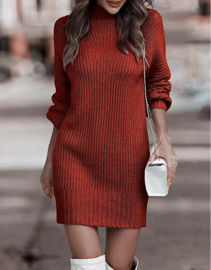 Robe Pull Courte Moulante à Manches Longues et Col Montant pour Femme