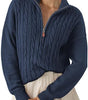 Pull Torsadé en Grosse Maille à Col Montant et Demi Zip pour Femme