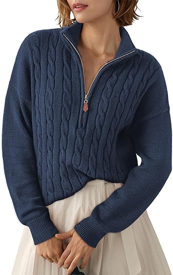 Pull Torsadé en Grosse Maille à Col Montant et Demi Zip pour Femme