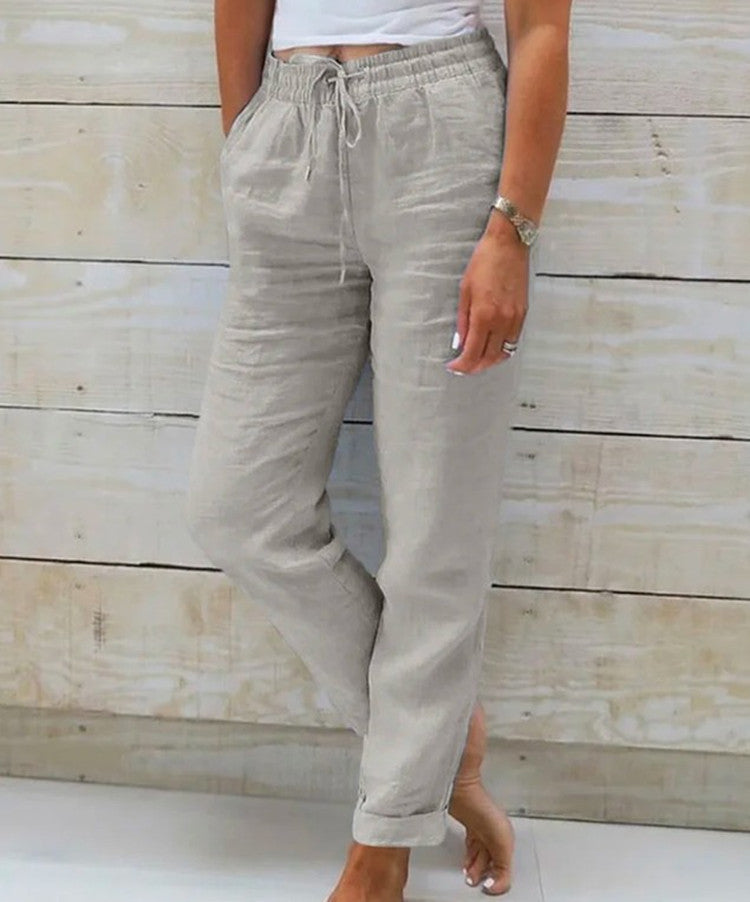 Pantalon Large en Coton et Lin Taille Élastique pour Femmes