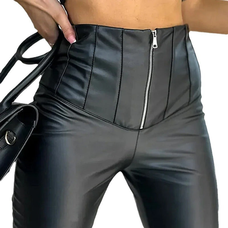 Pantalon Taille Haute Moulant en Simili Cuir avec Zip pour Femme