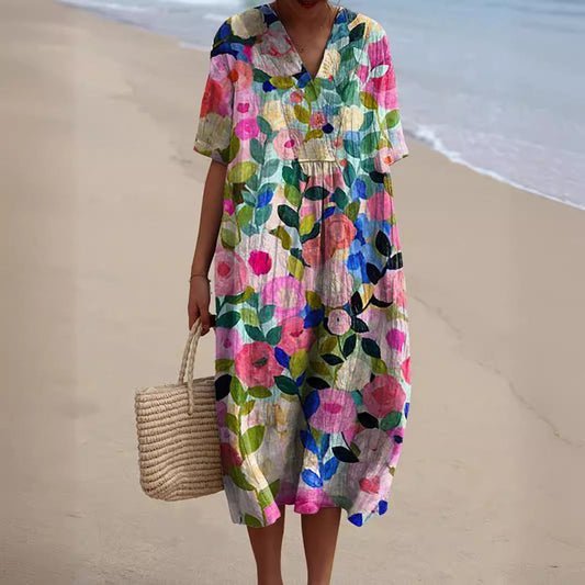 Robe Longue Imprimée à Manches Courtes pour Femmes