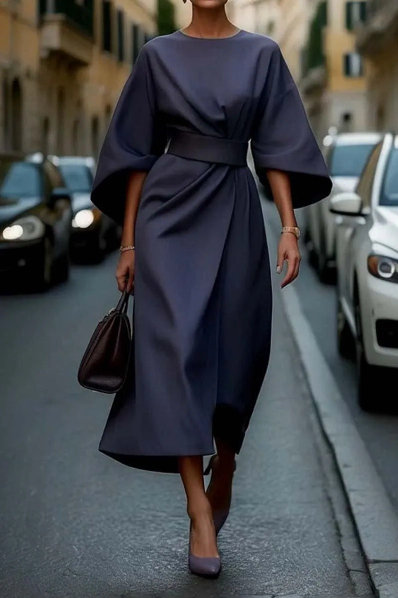 Robe Midi Élégante à Manches Ballon pour Femmes