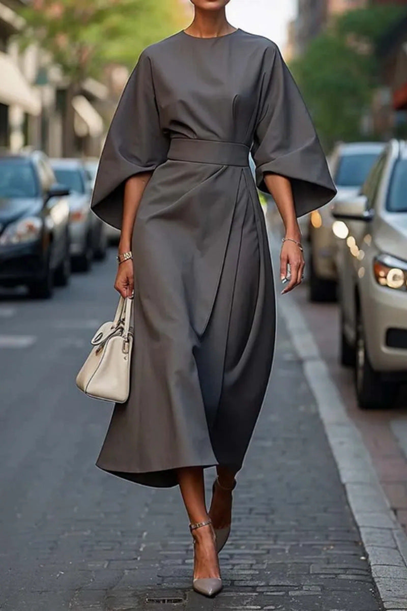 Robe Midi Élégante à Manches Ballon pour Femmes