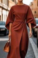 Robe Midi Élégante à Manches Ballon pour Femmes