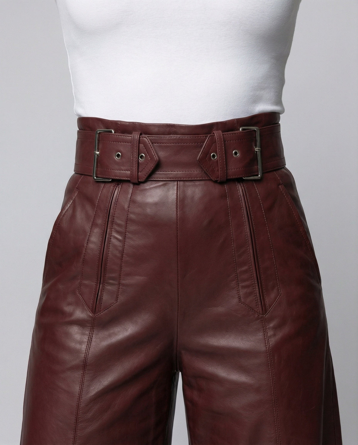 Pantalon Large Taille Haute en Simili Cuir avec Ceinture pour Femme