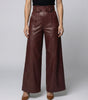 Pantalon Large Taille Haute en Simili Cuir avec Ceinture pour Femme
