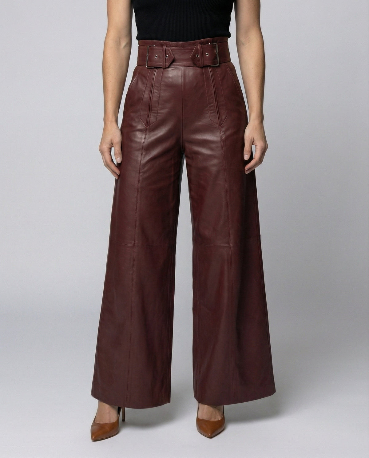 Pantalon Large Taille Haute en Simili Cuir avec Ceinture pour Femme