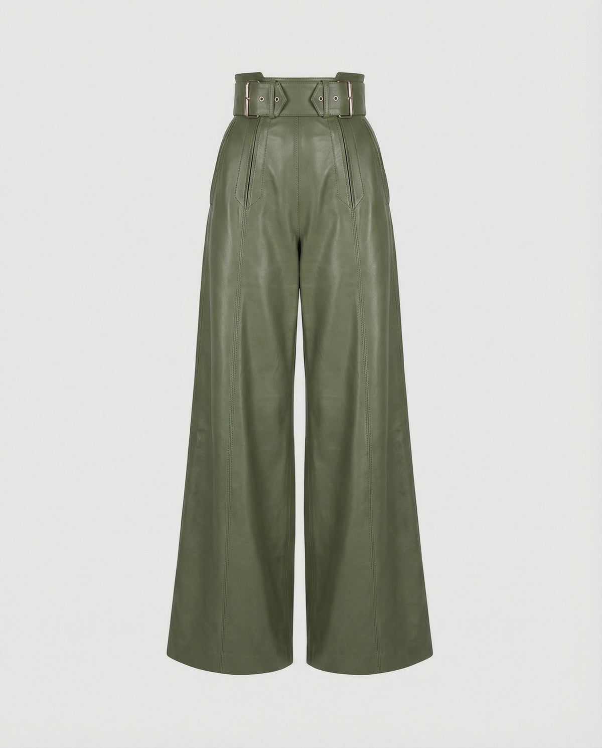 Pantalon Large Taille Haute en Simili Cuir avec Ceinture pour Femme