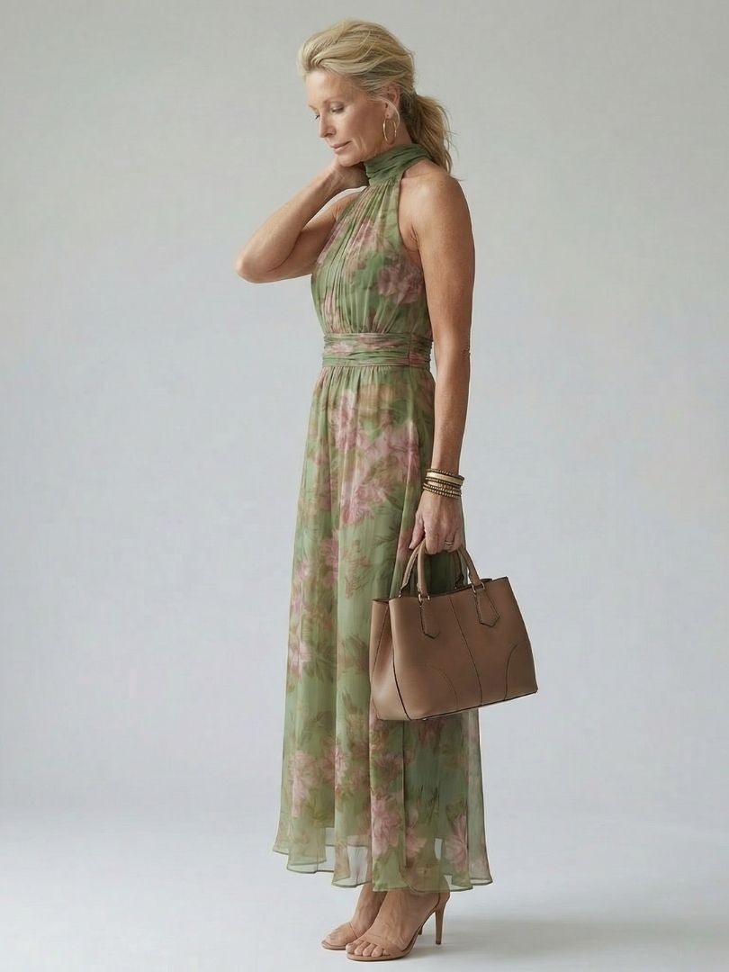 Robe Midi à Taille Cintrée et Col Halter pour Femme