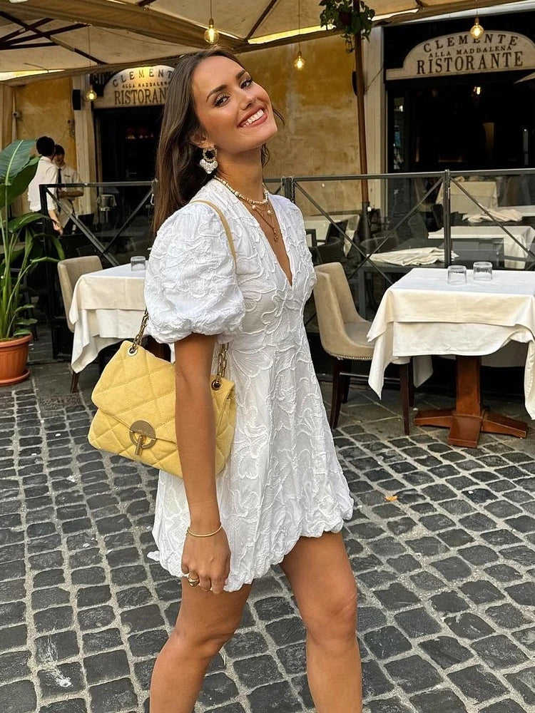 Robe Courte en Coton Embroide à Manches Bouffantes pour Femmes