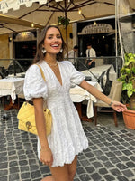 Robe Courte en Coton Embroide à Manches Bouffantes pour Femmes