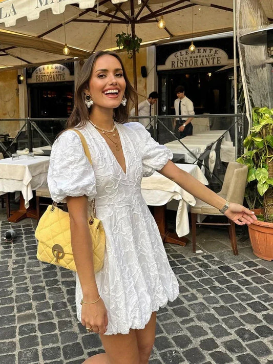 Robe Courte en Coton Embroide à Manches Bouffantes pour Femmes