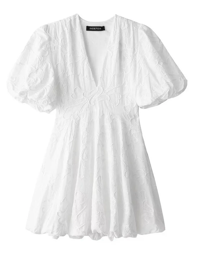 Robe Courte en Coton Embroide à Manches Bouffantes pour Femmes