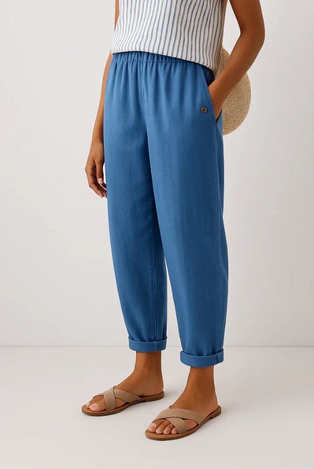 Pantalon à Jambe Large Taille Élastique en Lin pour Femme