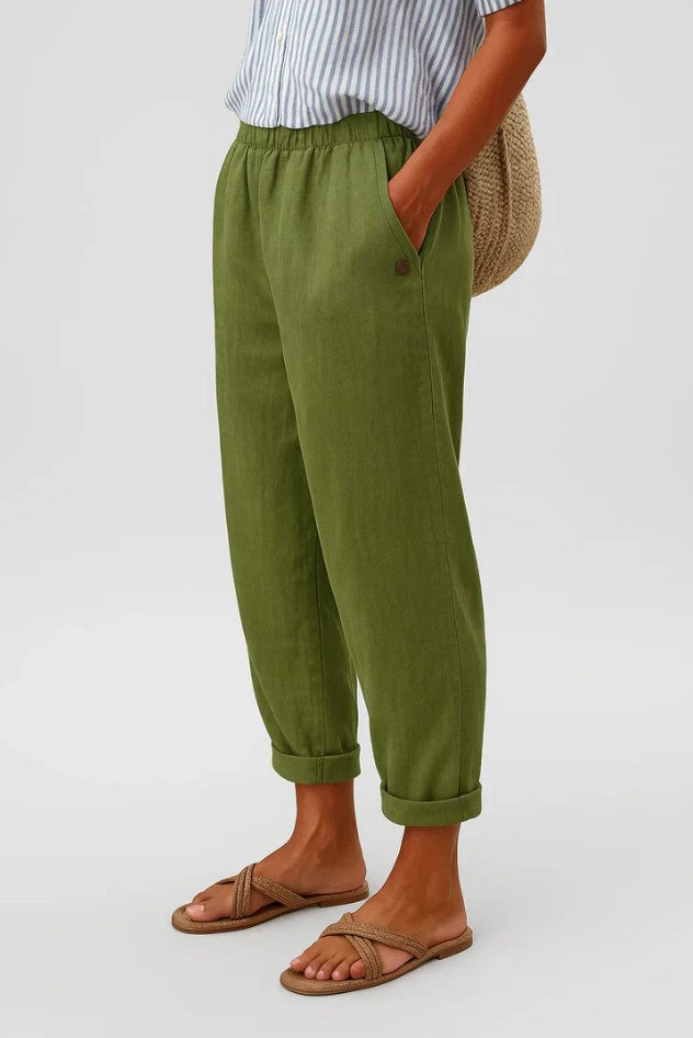 Pantalon à Jambe Large Taille Élastique en Lin pour Femme