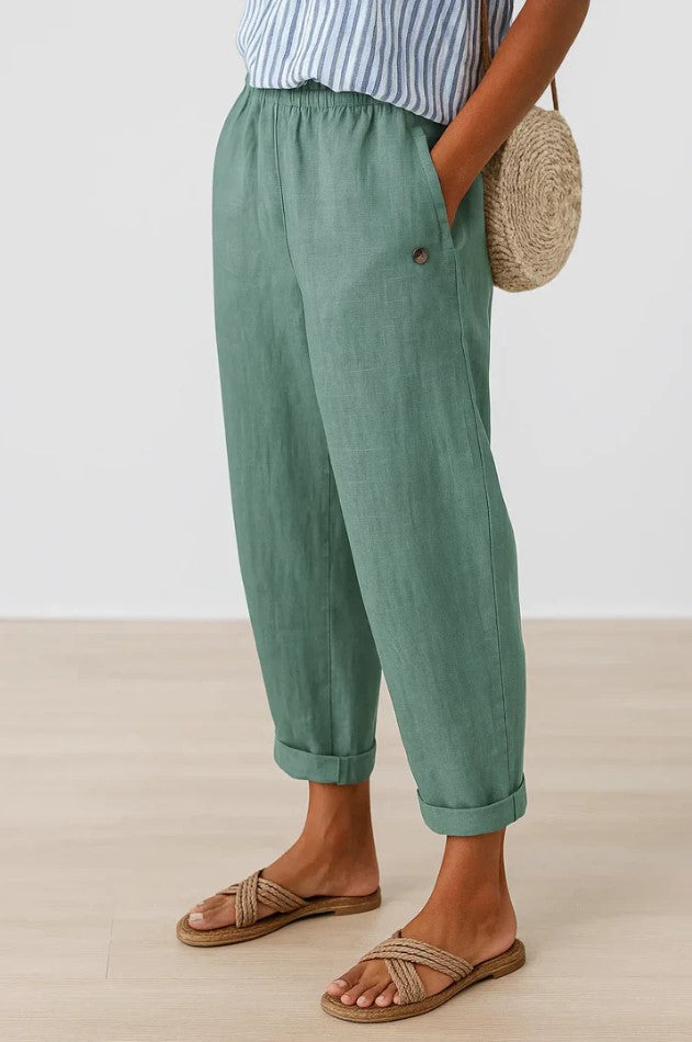 Pantalon à Jambe Large Taille Élastique en Lin pour Femme
