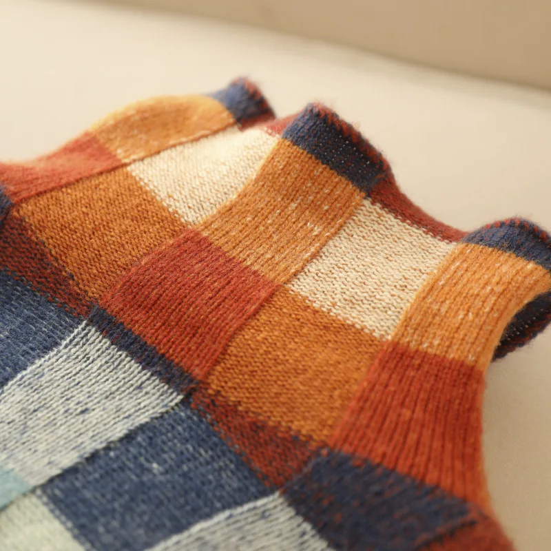 Pull Oversize à Carreaux et Col Montant pour Femme