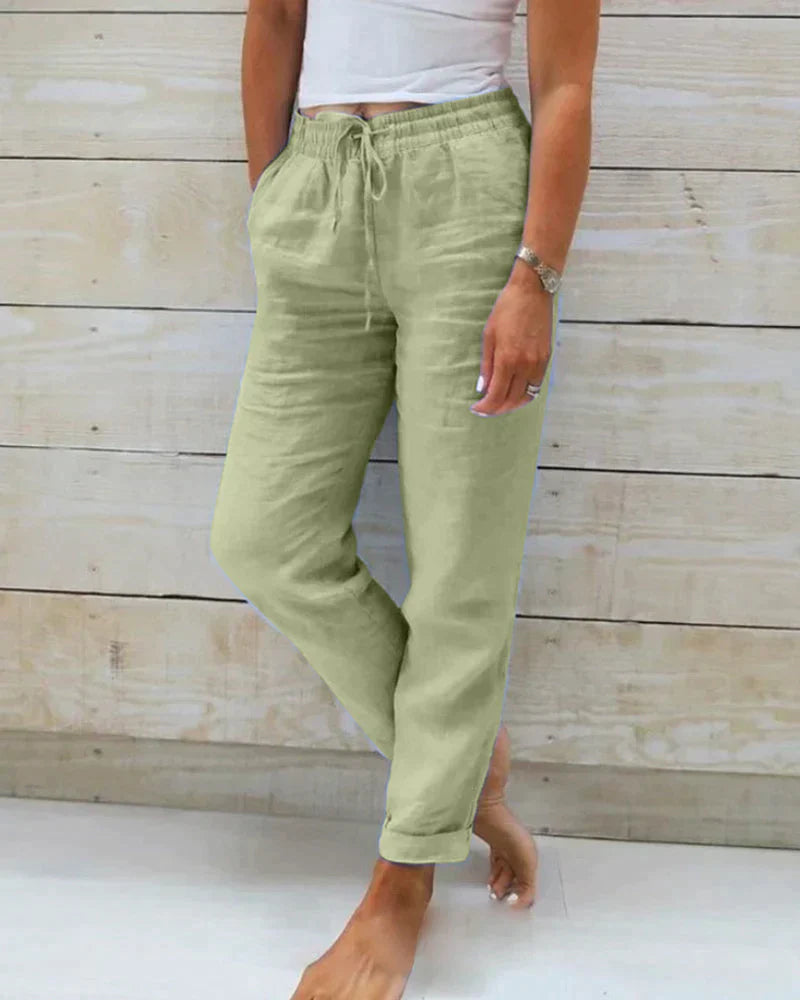 Pantalon Décontracté Taille Haute en Coton et Lin pour Femme