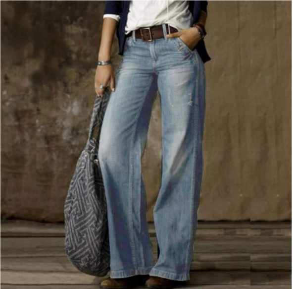 Pantalon en Jean Large et Délavé à Taille Mi-Haute pour Femme