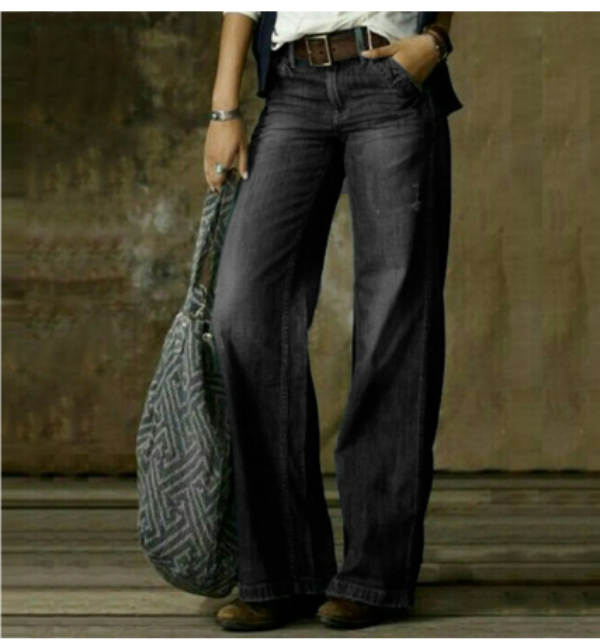 Pantalon en Jean Large et Délavé à Taille Mi-Haute pour Femme