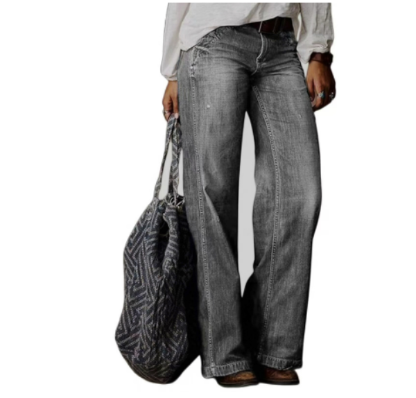 Pantalon en Jean Large et Délavé à Taille Mi-Haute pour Femme