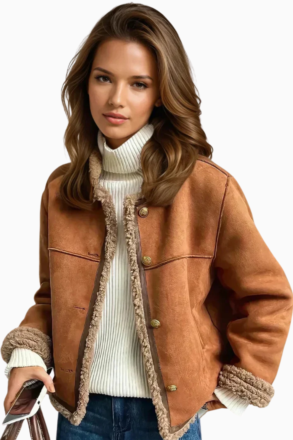 Veste Courte Structurée en Daim avec Bordures Effet Mouton pour Femme