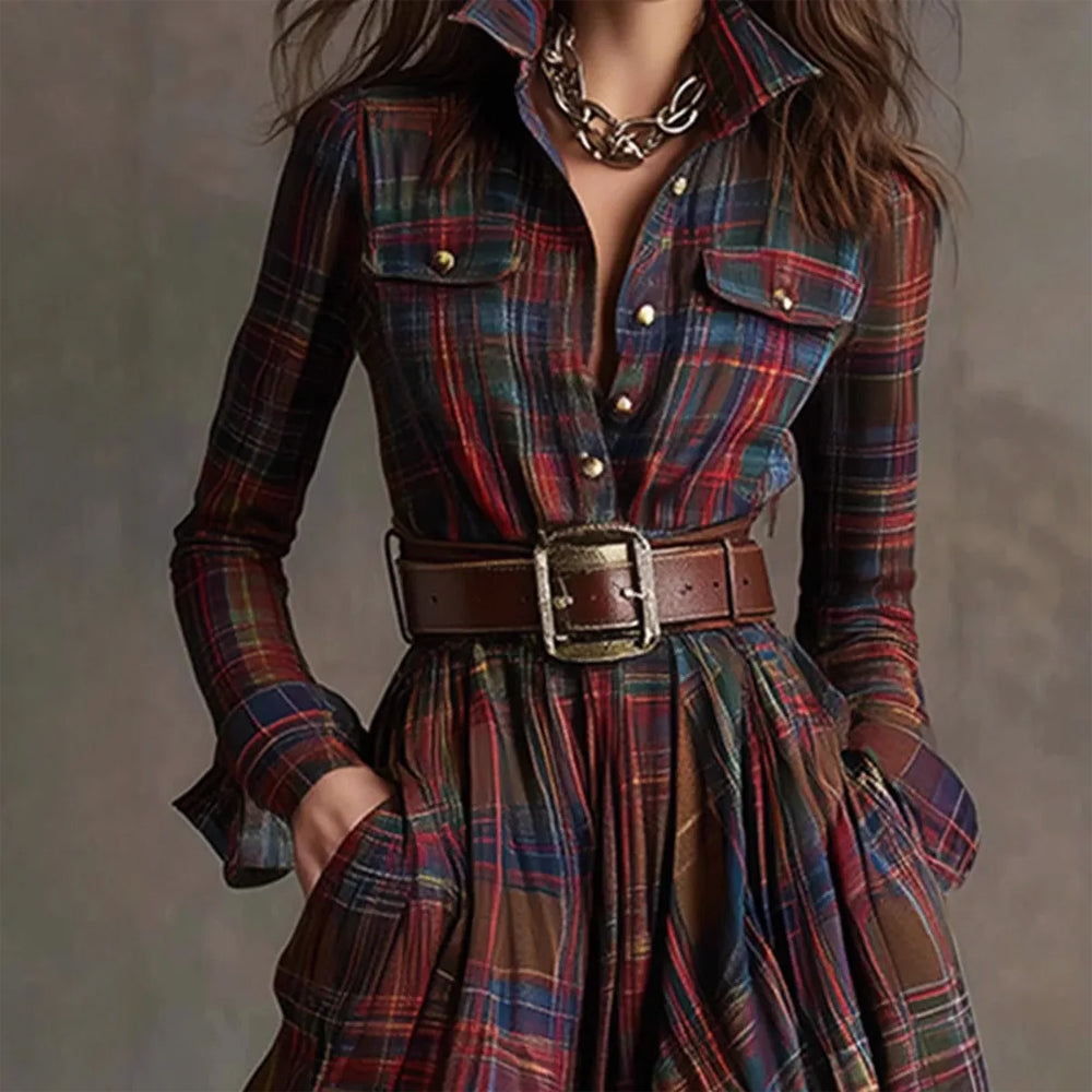 Robe Maxi Longue à Carreaux Vintage pour Femmes