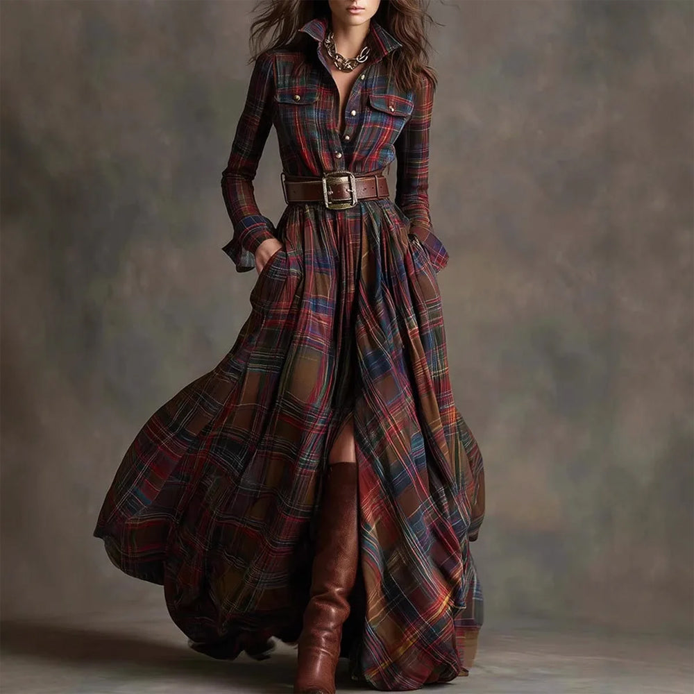 Robe Maxi Longue à Carreaux Vintage pour Femmes