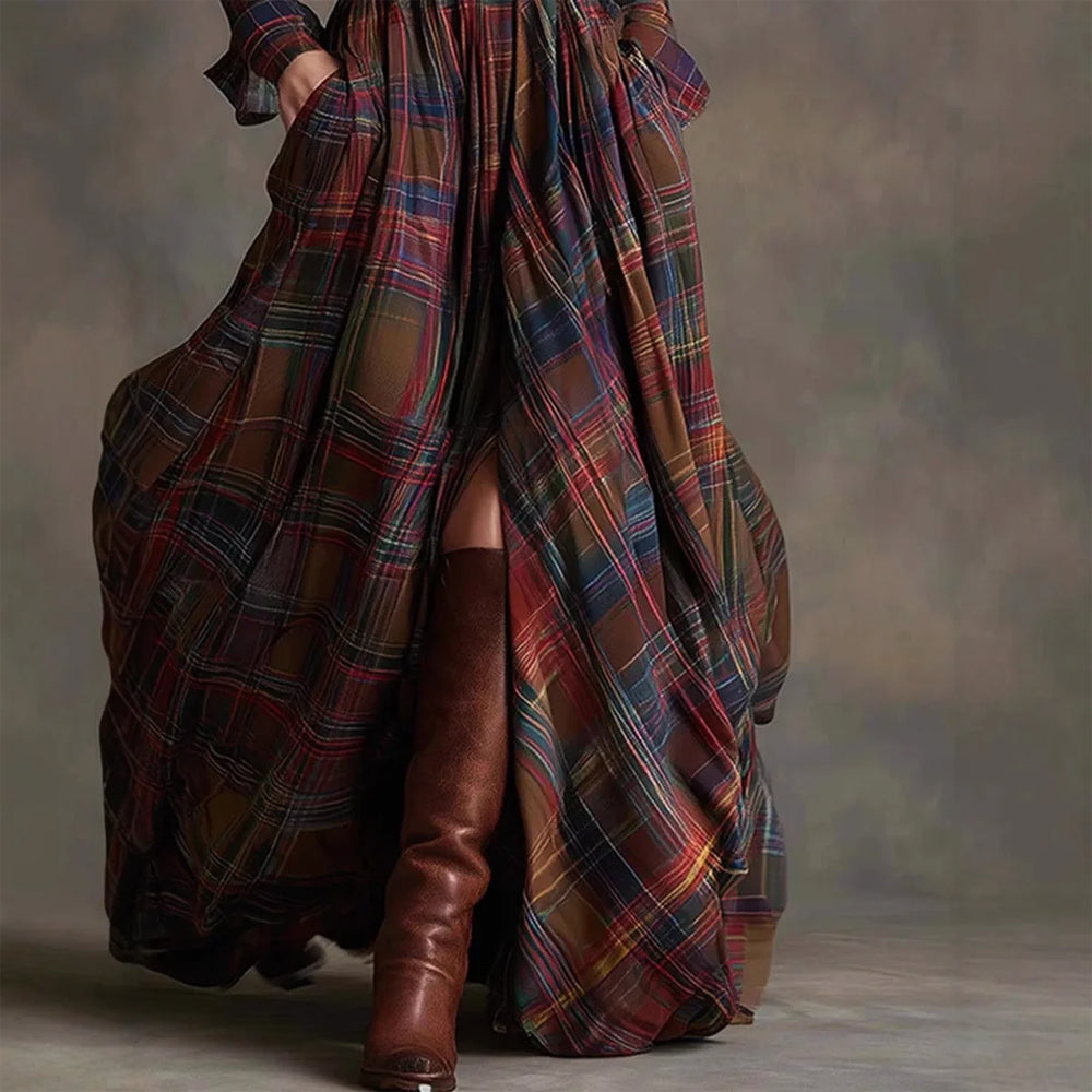 Robe Maxi Longue à Carreaux Vintage pour Femmes
